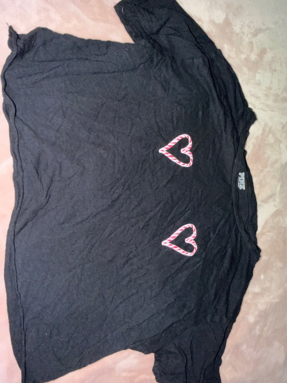 PINK Victoria's Secret Black Tee with Pink Candy-Stripe Hearts